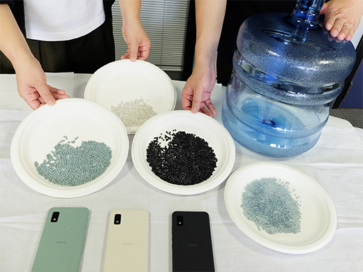 Pellets and colored pellets recycled from waste water bottles